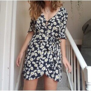 Zara Navy Blue Daisy Print Dress With Sarong Style Wrap Skirt- Size Medium